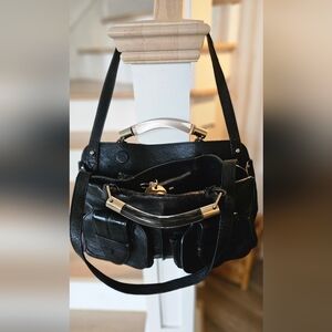Authentic Chloe Black Leather Shoulder Bag W/Clear Lucite Handles RARE! CHIC!